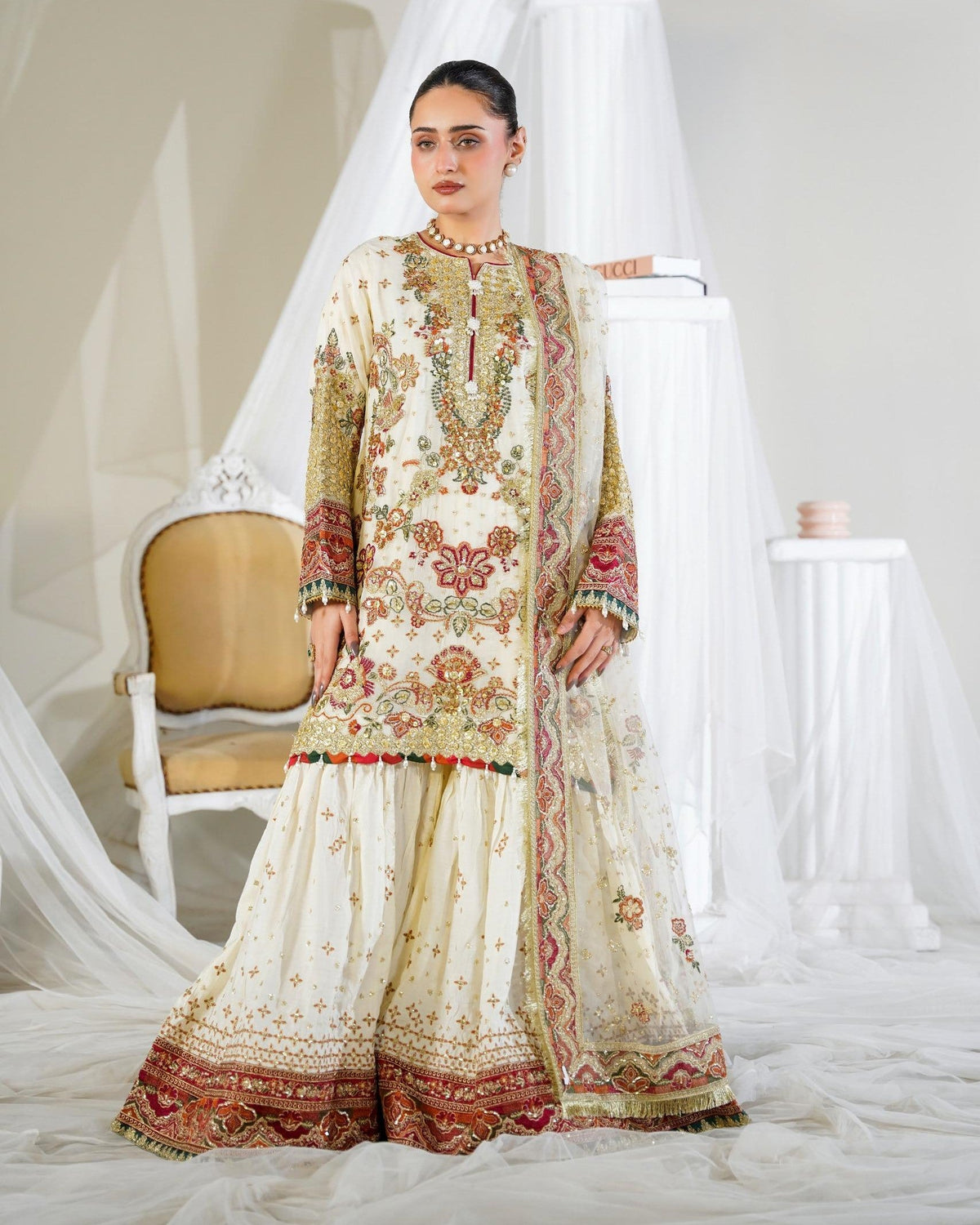 White Chiffon Garara with Net Dupatta Online in Dubai DXB UAE Abudhabi Meena Bazaar