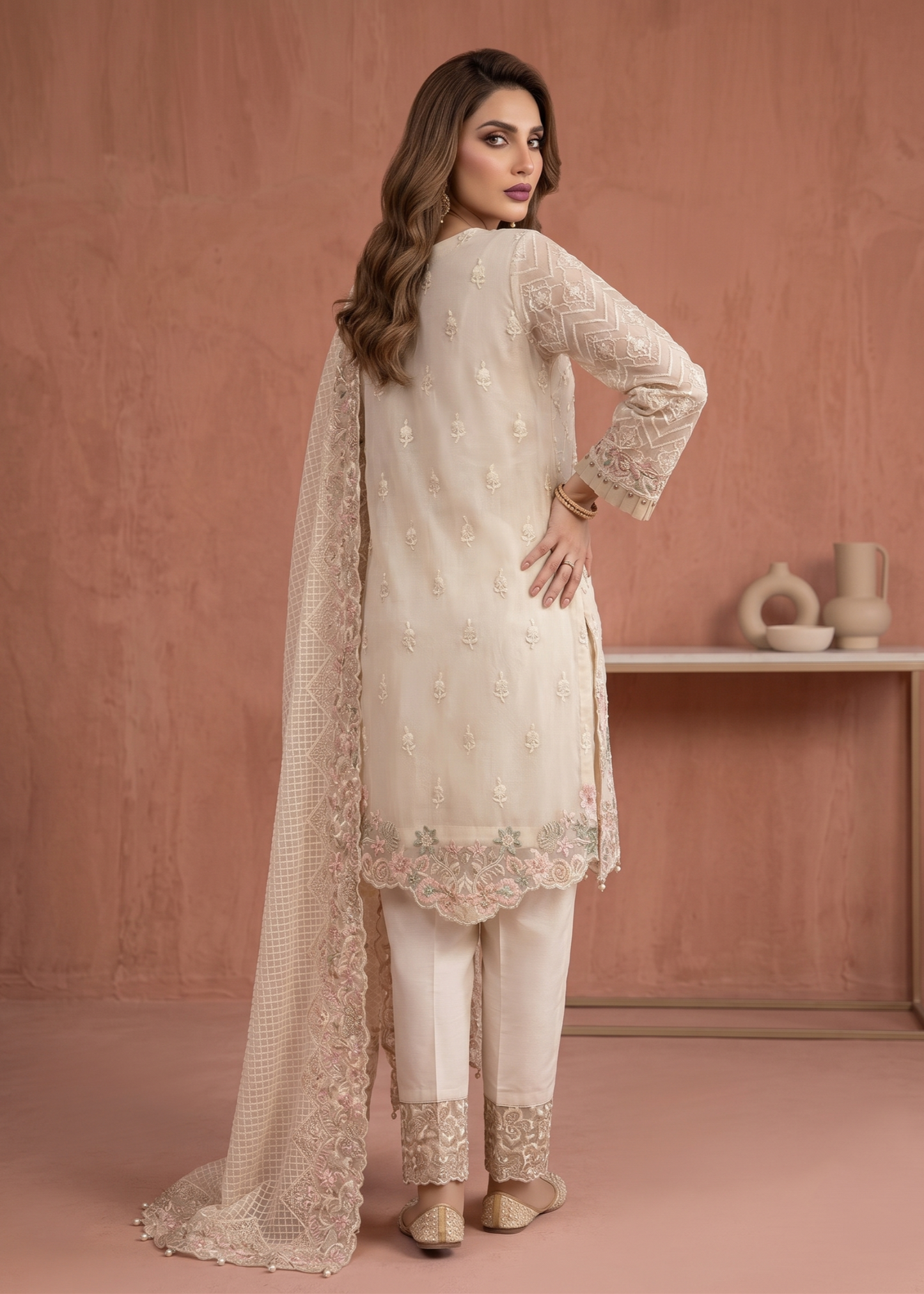 White Embroidered Organza Pakistani Festive Suit Online in Dubai DXB UAE Abudhabi Meena Bazaar