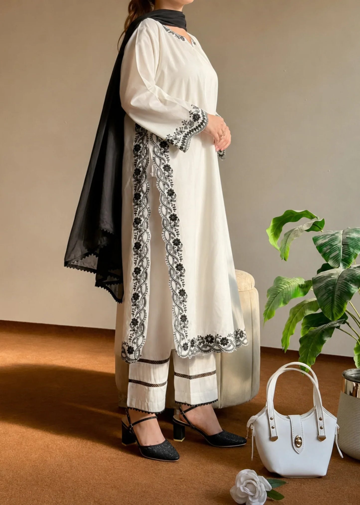White Lawn Embroidered 3 Piece Suit Online in Sri Lanka India Australia