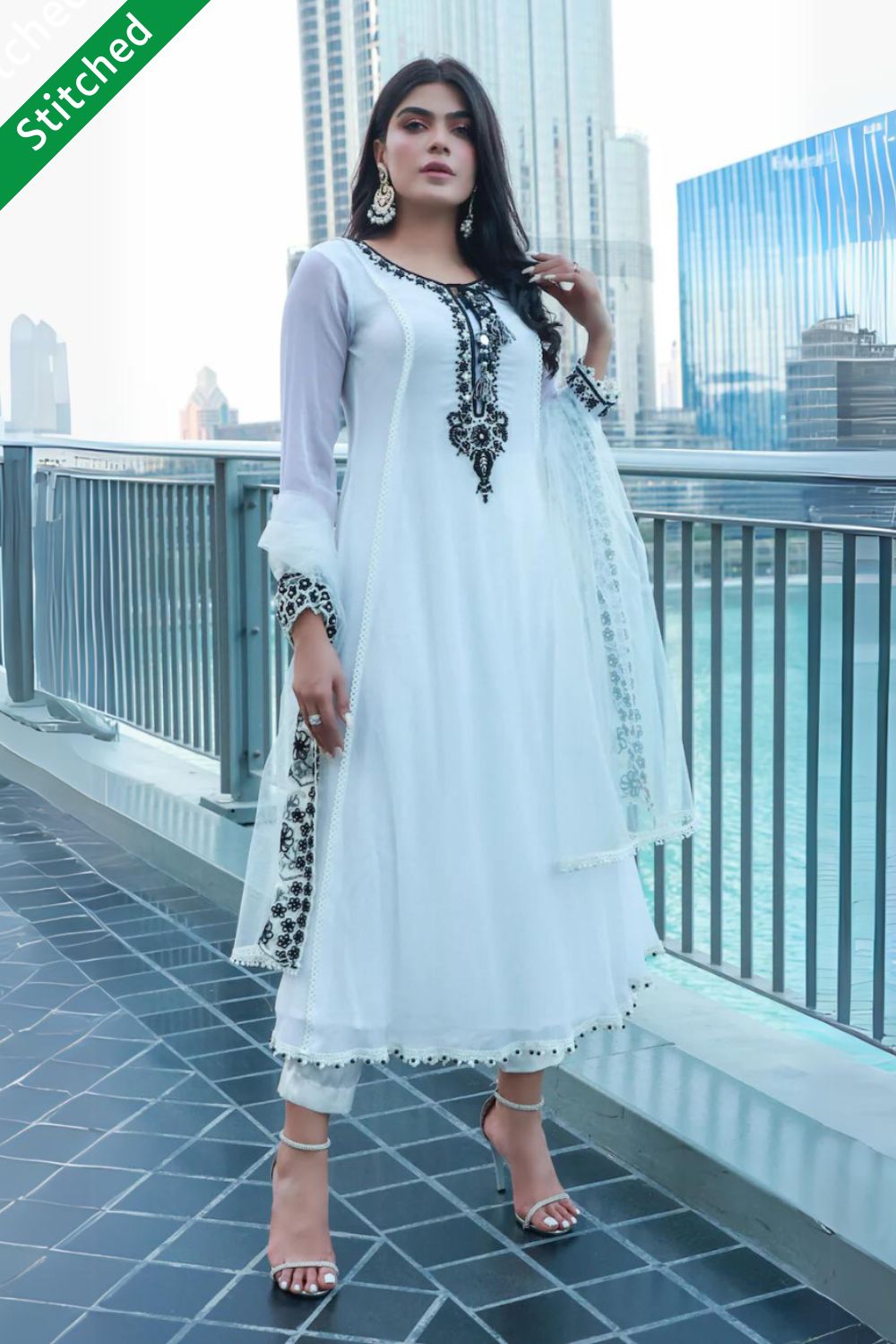 White & Black Hand Embroidered Pure Chiffon Suit