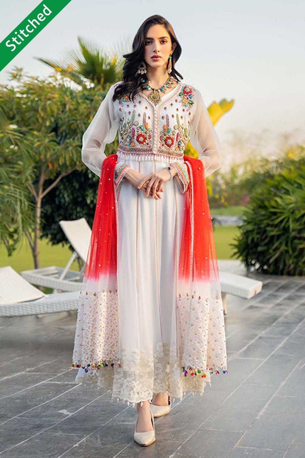 White Handmade Chiffon Anarkali Size 40