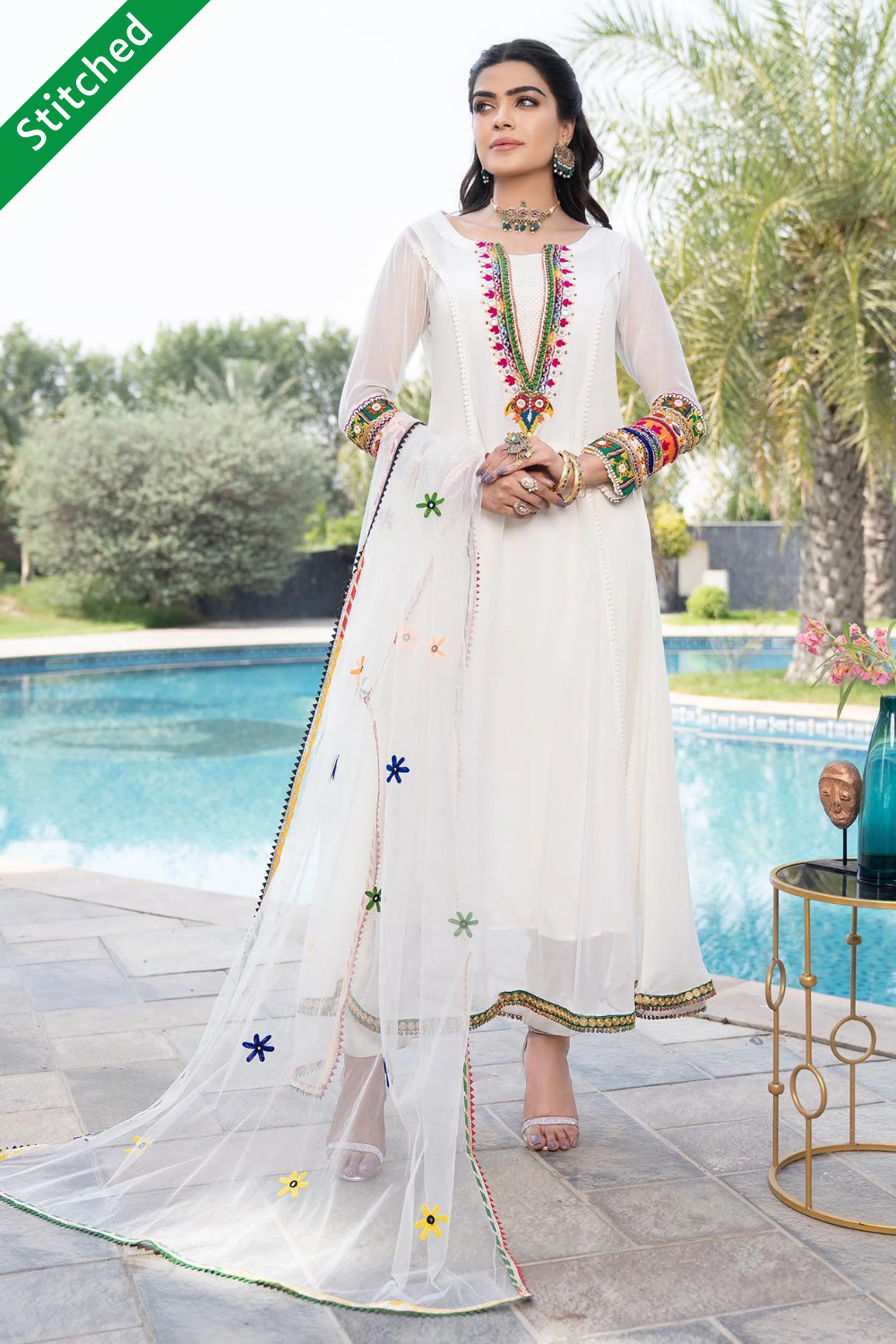 Readymade White Chiffon Anarkali