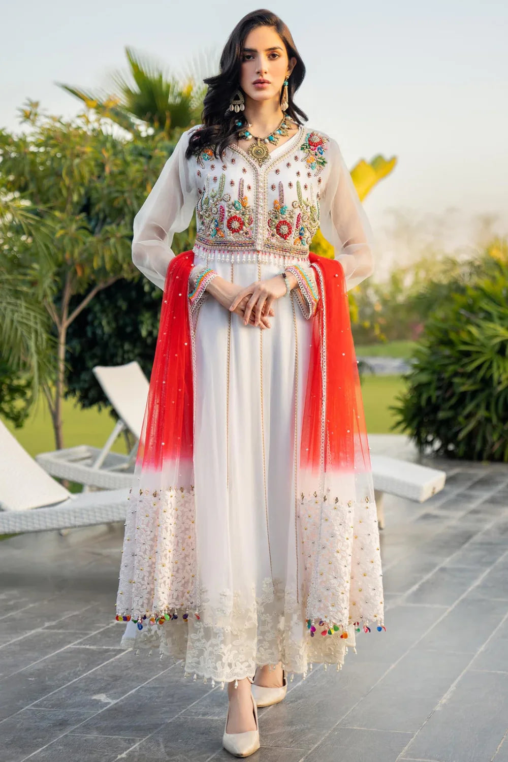 Buy White Anarkali Dress with Red Dupatta Online SALWAR MAHAL