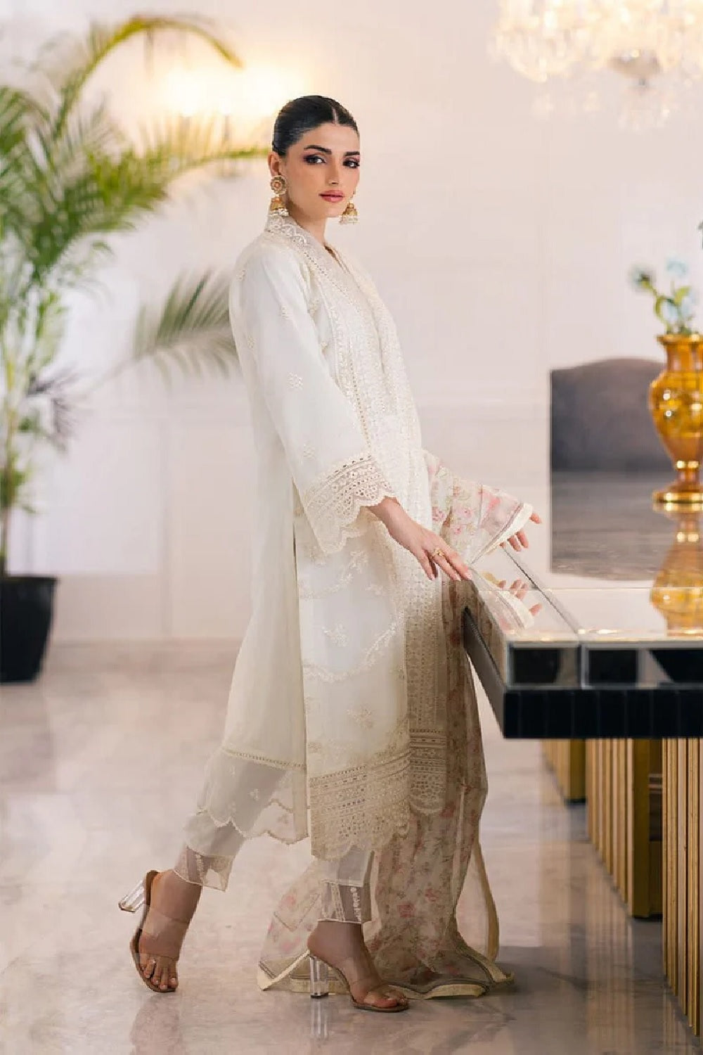 Off White Chiffon Embroidered Suit