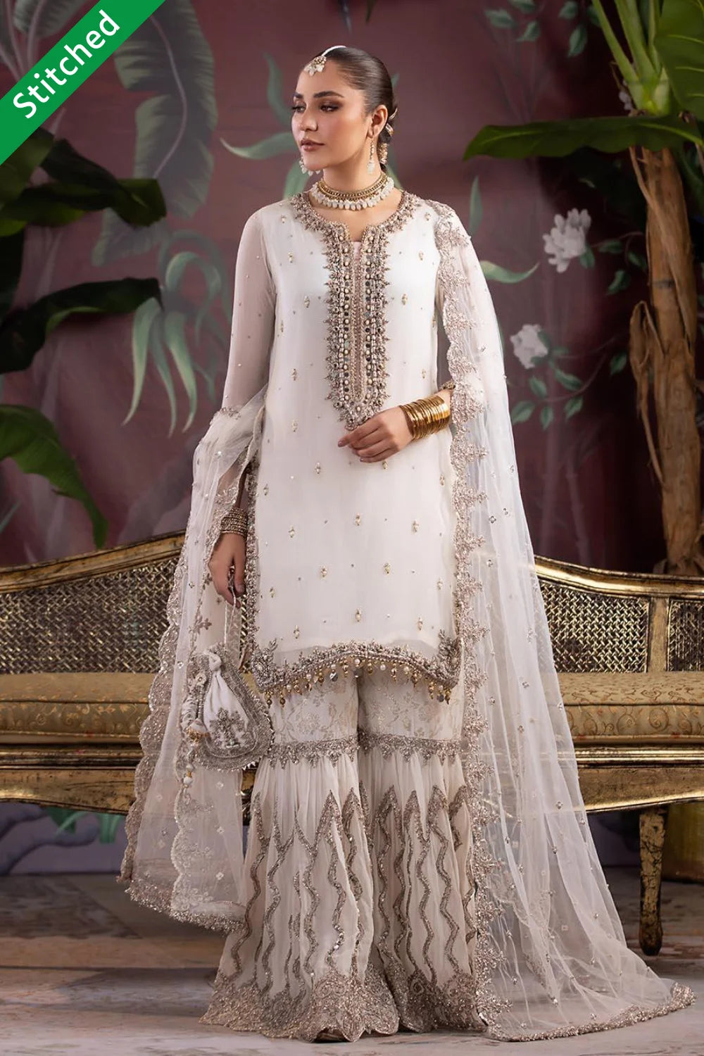 Hand Embroidered White Pure Chiffon Gharara