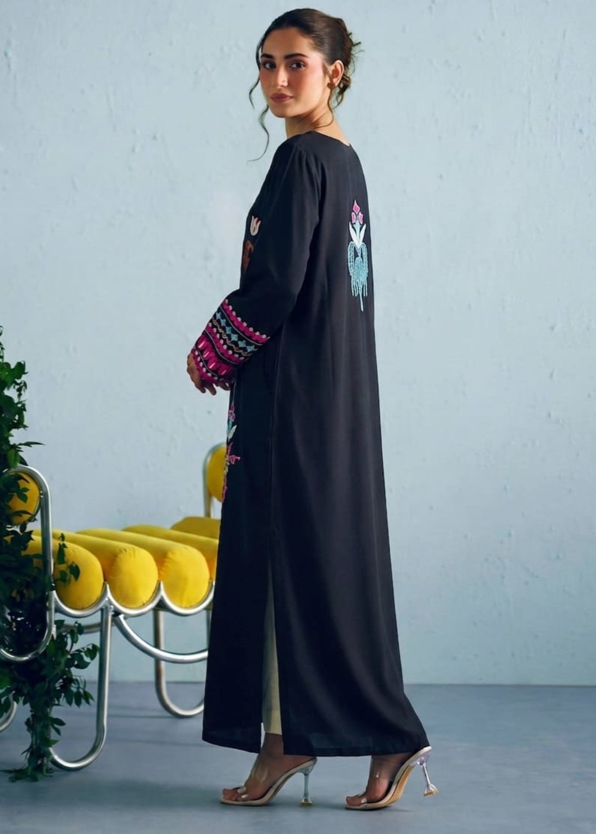 Winter Wear Black Embroidered Dhanak Gown Online in KSA Riyadh Saudi Arabia Oman Bahrain Qatar