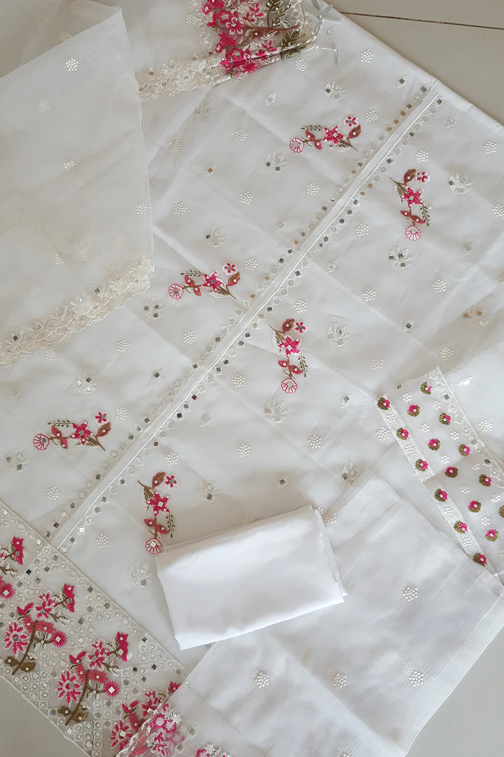 White Organza Suit with Mirror Work