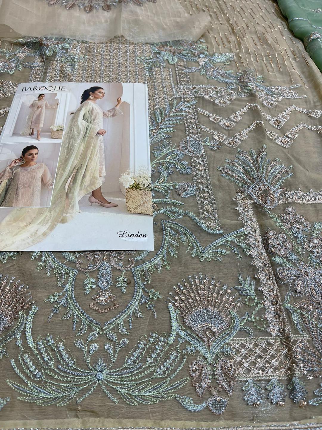 Skin Beige Embroidered Chiffon Suit