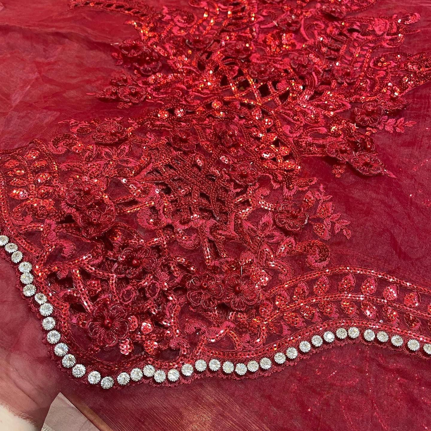 Ruby Red Hand Embellished Chiffon Gharara