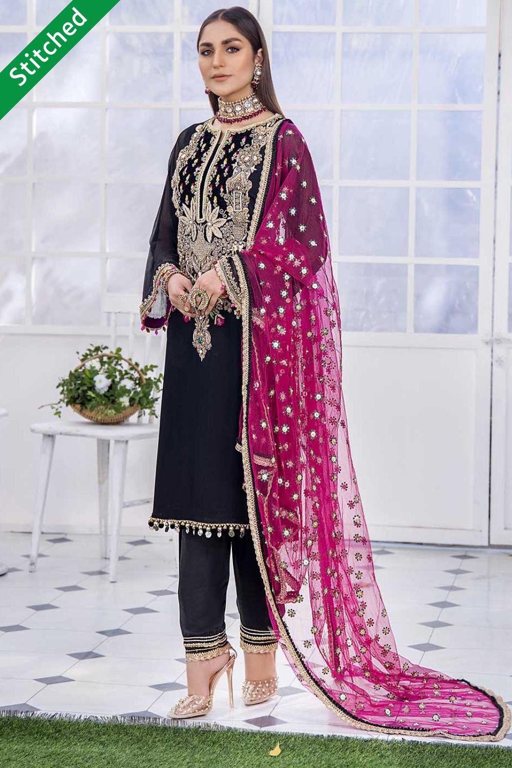 Black Hand Embroidered Chiffon Pret