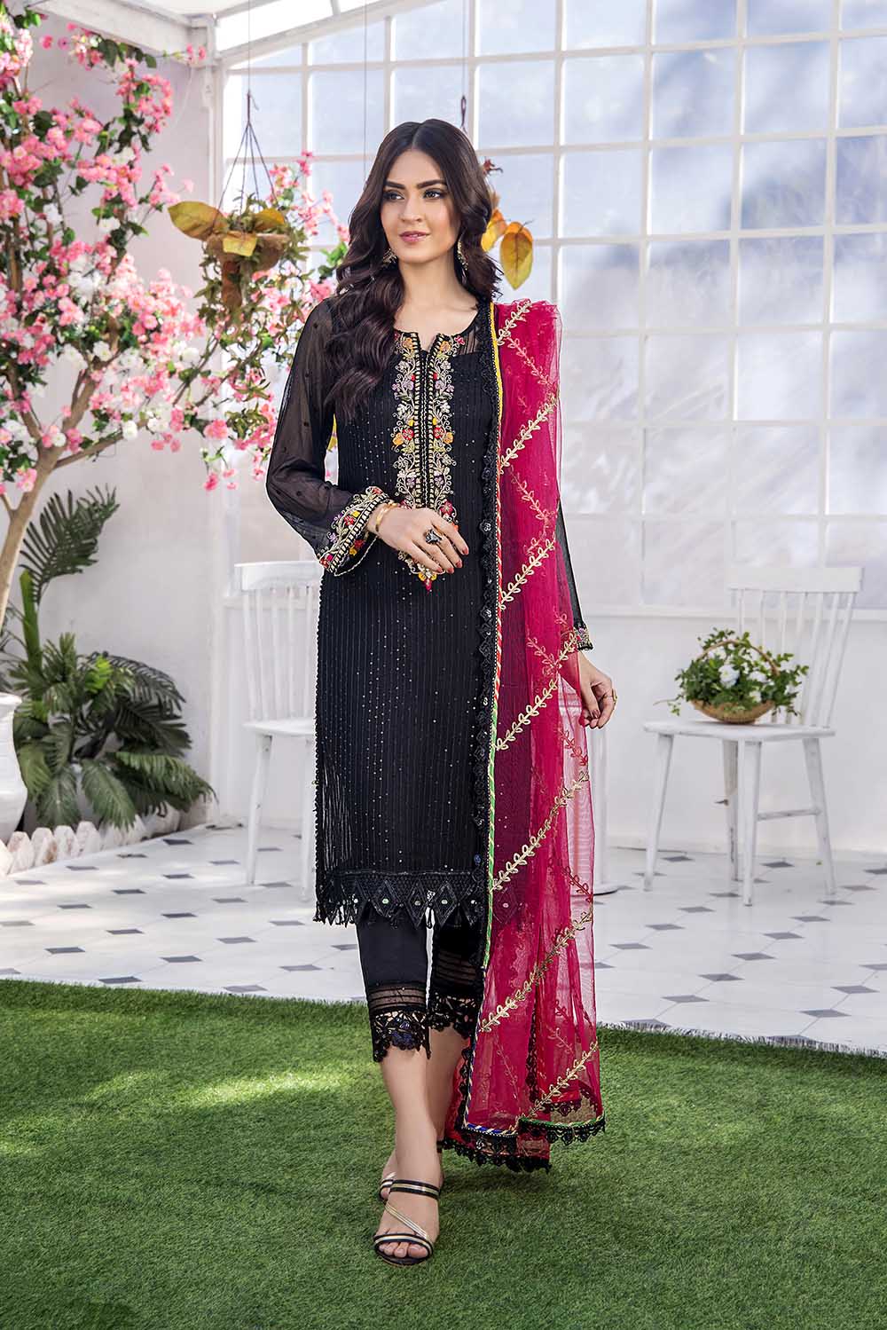 Black Chiffon Suit with Rose Dupatta