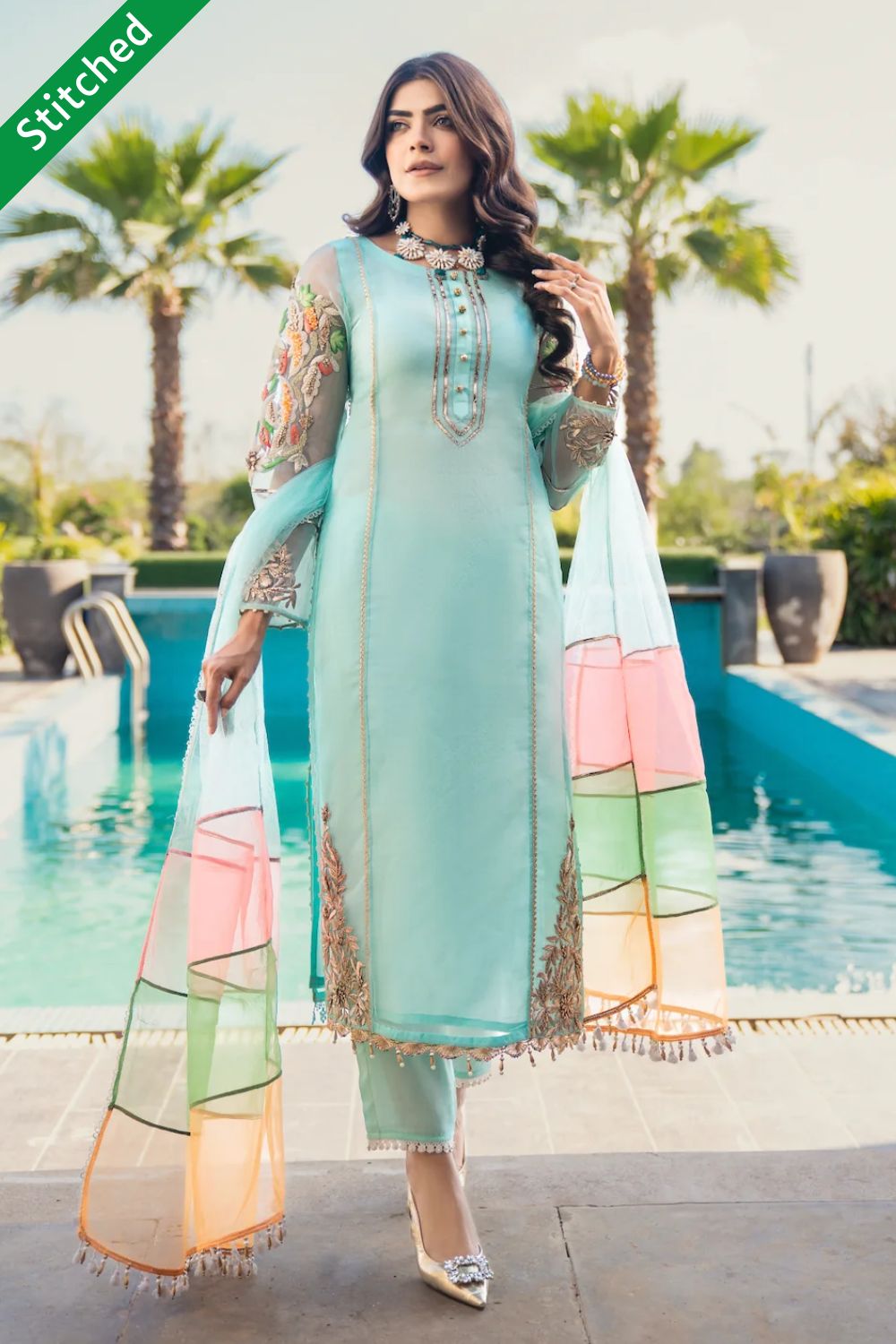 Cyan Readymade Hand Embroidered Suit