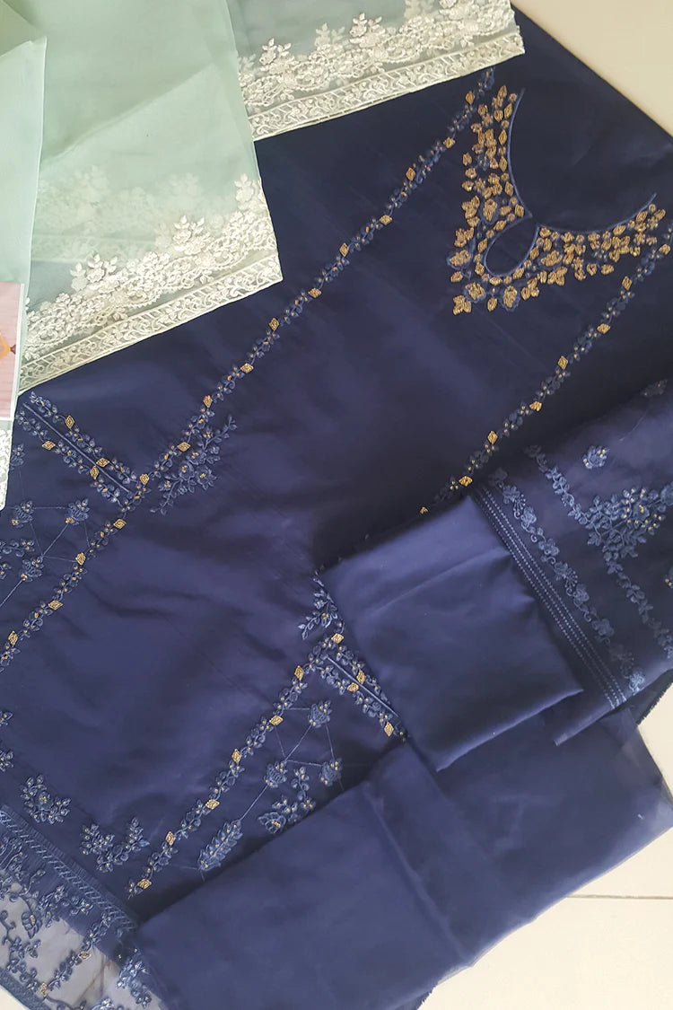 Navy Blue Embroidered Organza Suit
