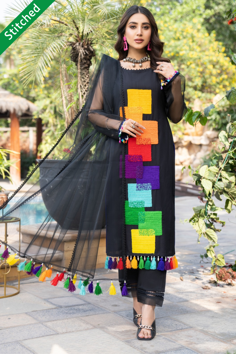 Black Readymade Hand Embroidered Cotton Suit