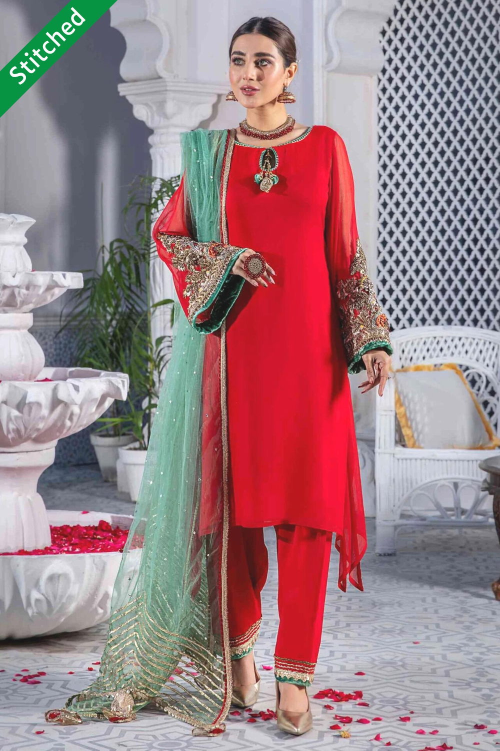 Red Readymade Pure Chiffon Suit