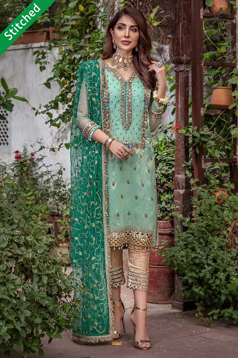 Turquoise Hand Embroidered Readymade Suit