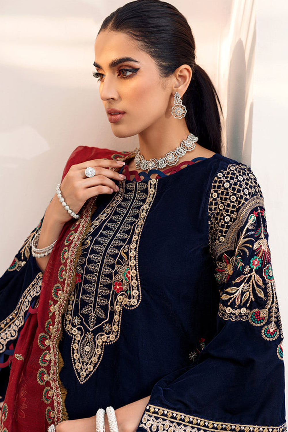 Navy Blue Embroidered Velvet Suit