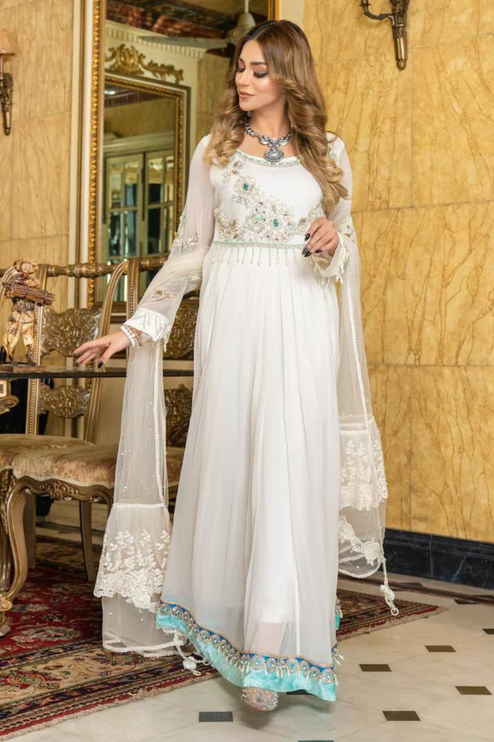 white chiffon anarkali party wear suit online in dubai