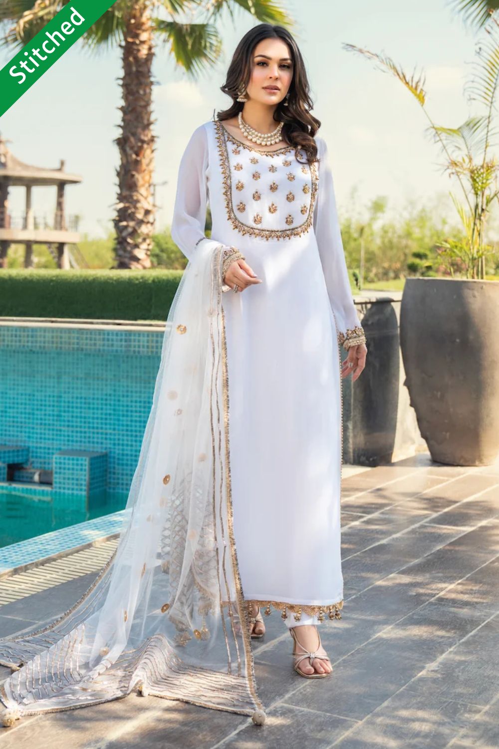 White Readymade Chiffon Suit Size 48