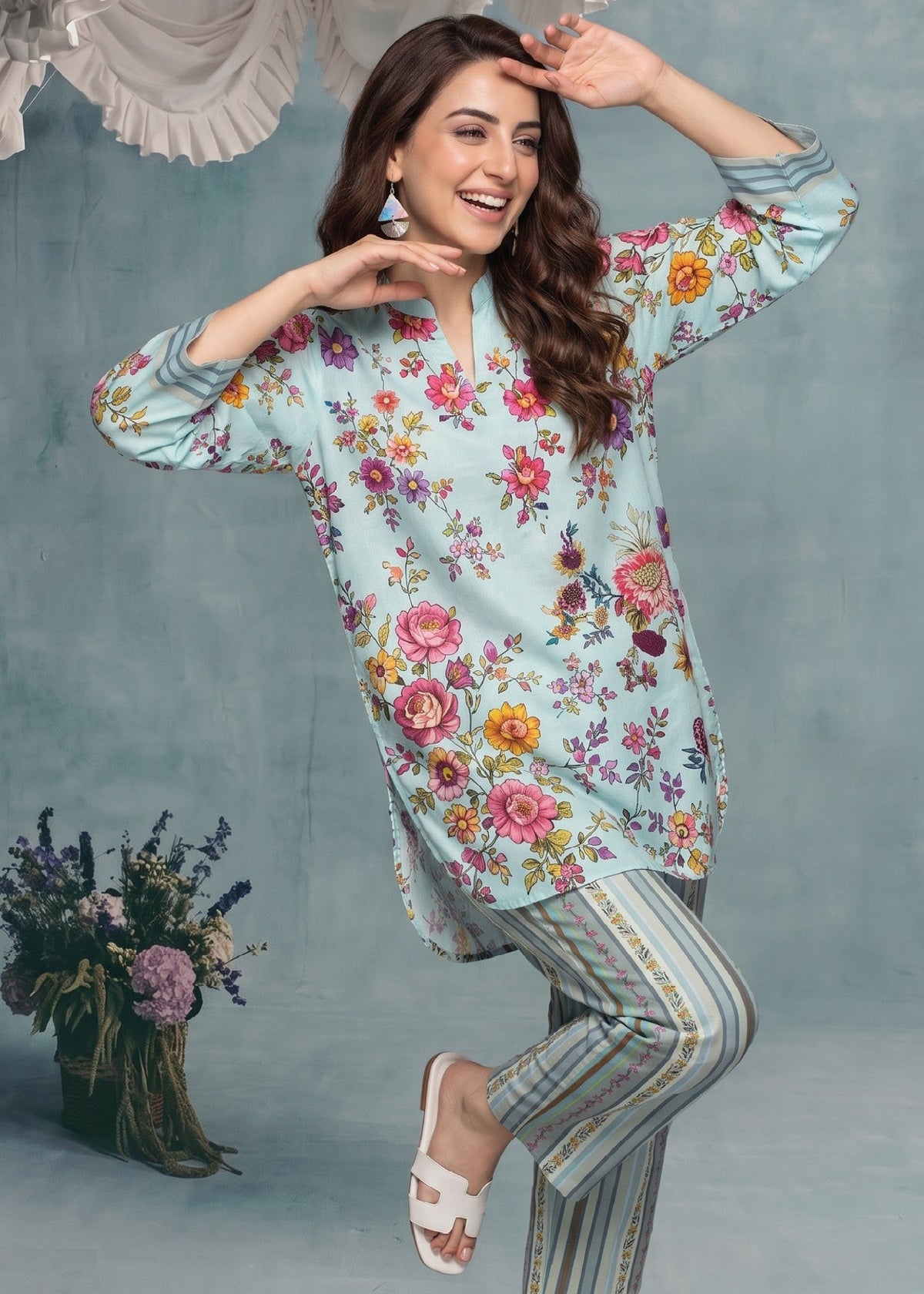 2 Piece Blue Slub Lawn Kurta Set for Summer Online in KSA Riyadh Saudi Arabia Oman Bahrain Qatar