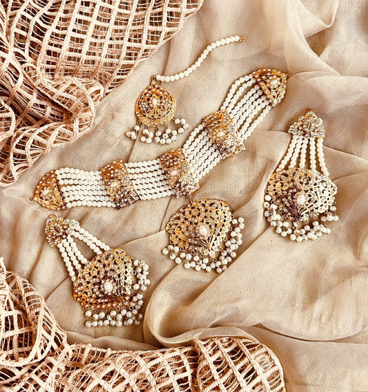 3-Layer Pearl White Bridal Jewellery Set Online in KSA Riyadh Saudi Arabia Oman Bahrain Qatar