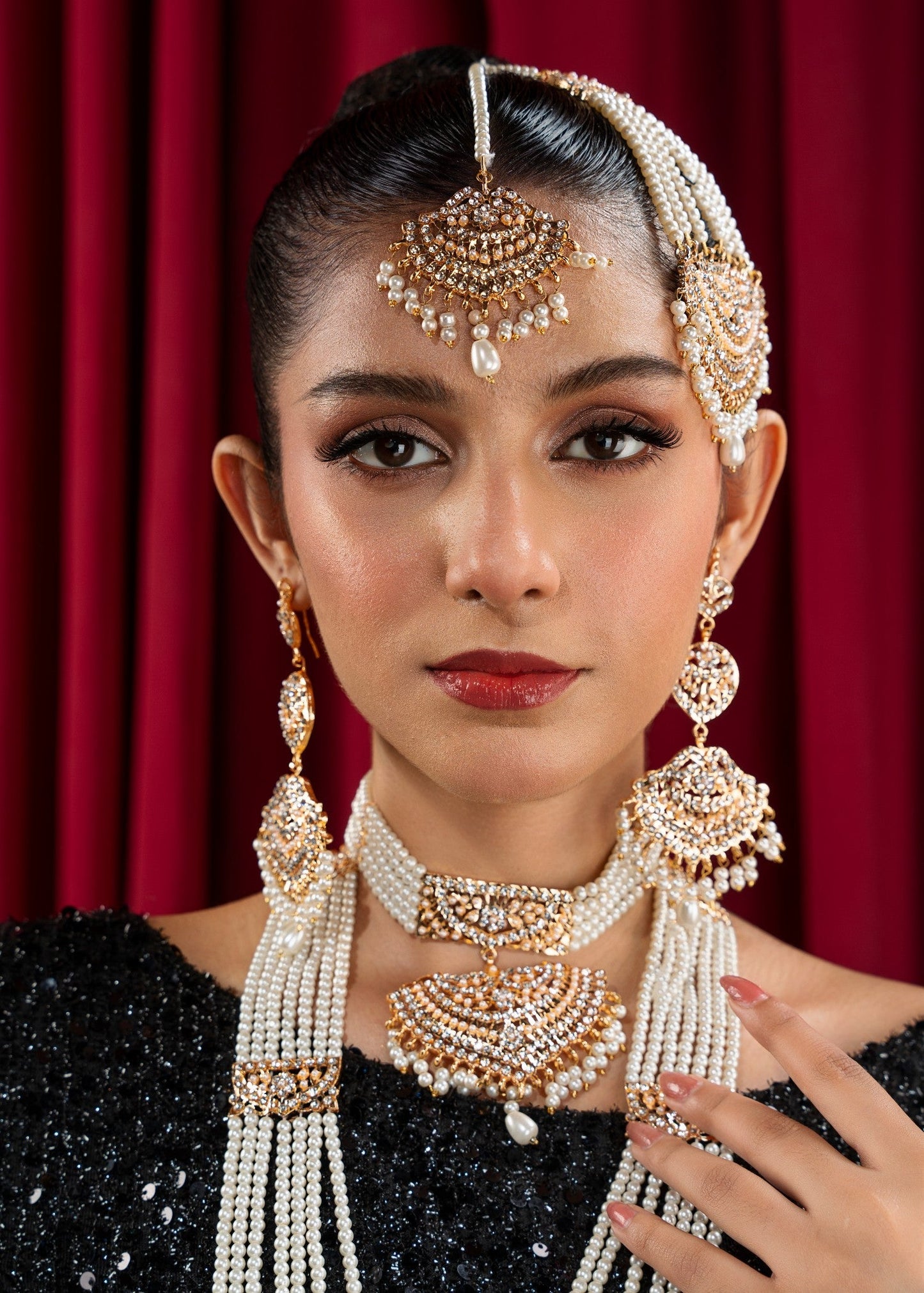 3-Layered Gold Plated Bridal Jewelry Set with Tikka Online in Dubai UAE Abudhabi Ajman Sharjah