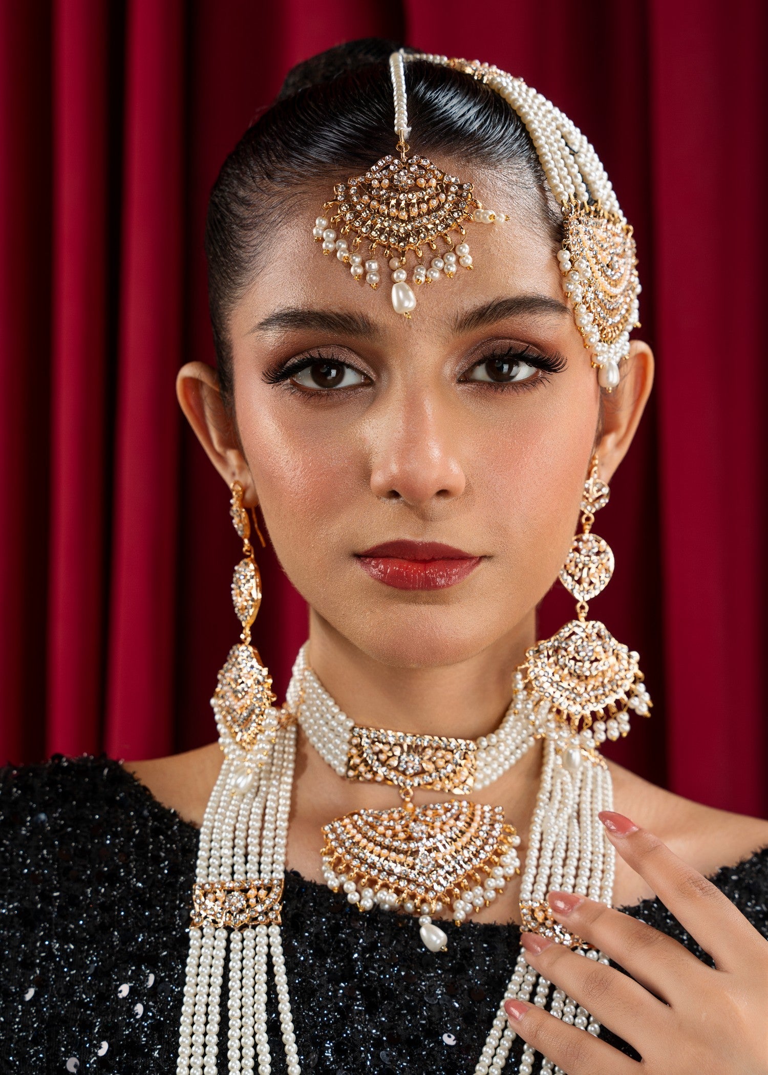 3-Layered Gold Plated Bridal Jewelry Set with Tikka Online in Dubai UAE Abudhabi Ajman Sharjah