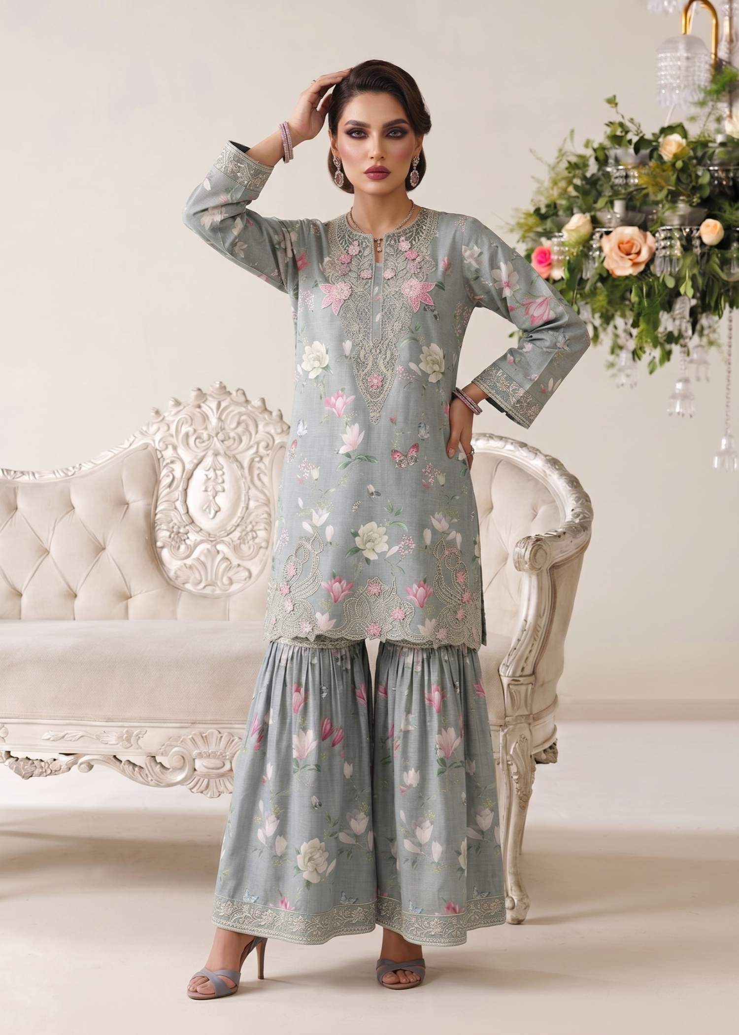 3 Piece Ash Grey Embroidered Lawn Suit Online in Sri Lanka India Australia