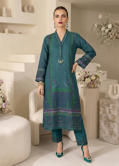 3 Piece Bottle Green Embroidered Raw Silk Party Wear Online in Sri Lanka India Australia