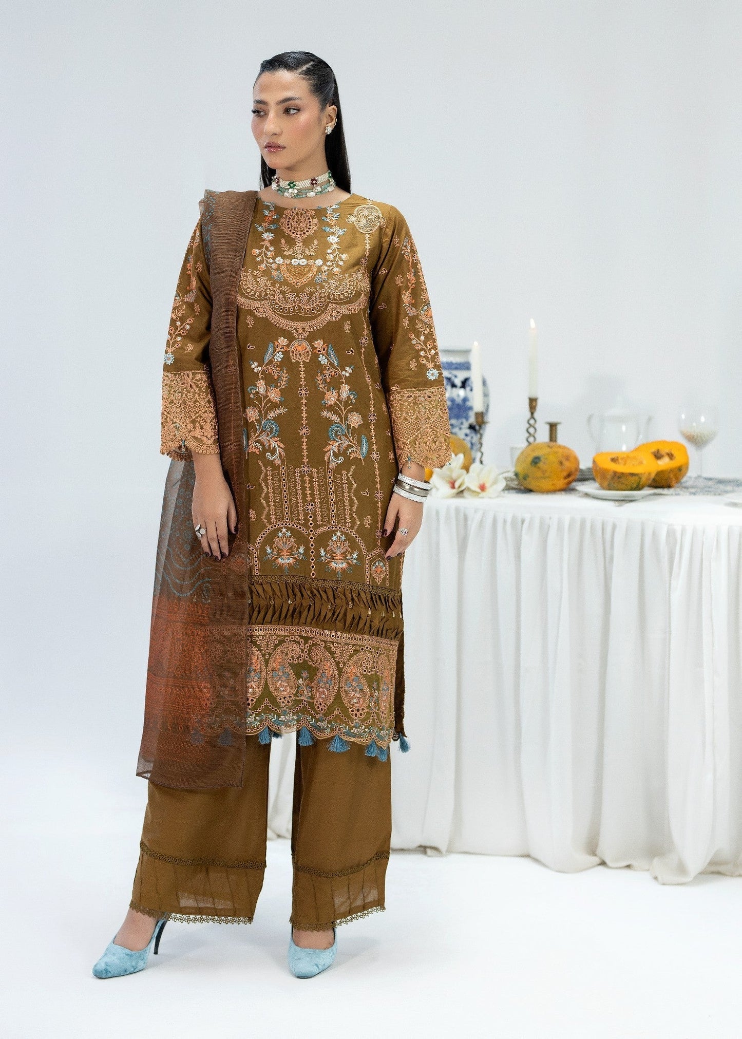 3 Piece Brown Cotton Festive Wear Online in Sri Lanka India Australia