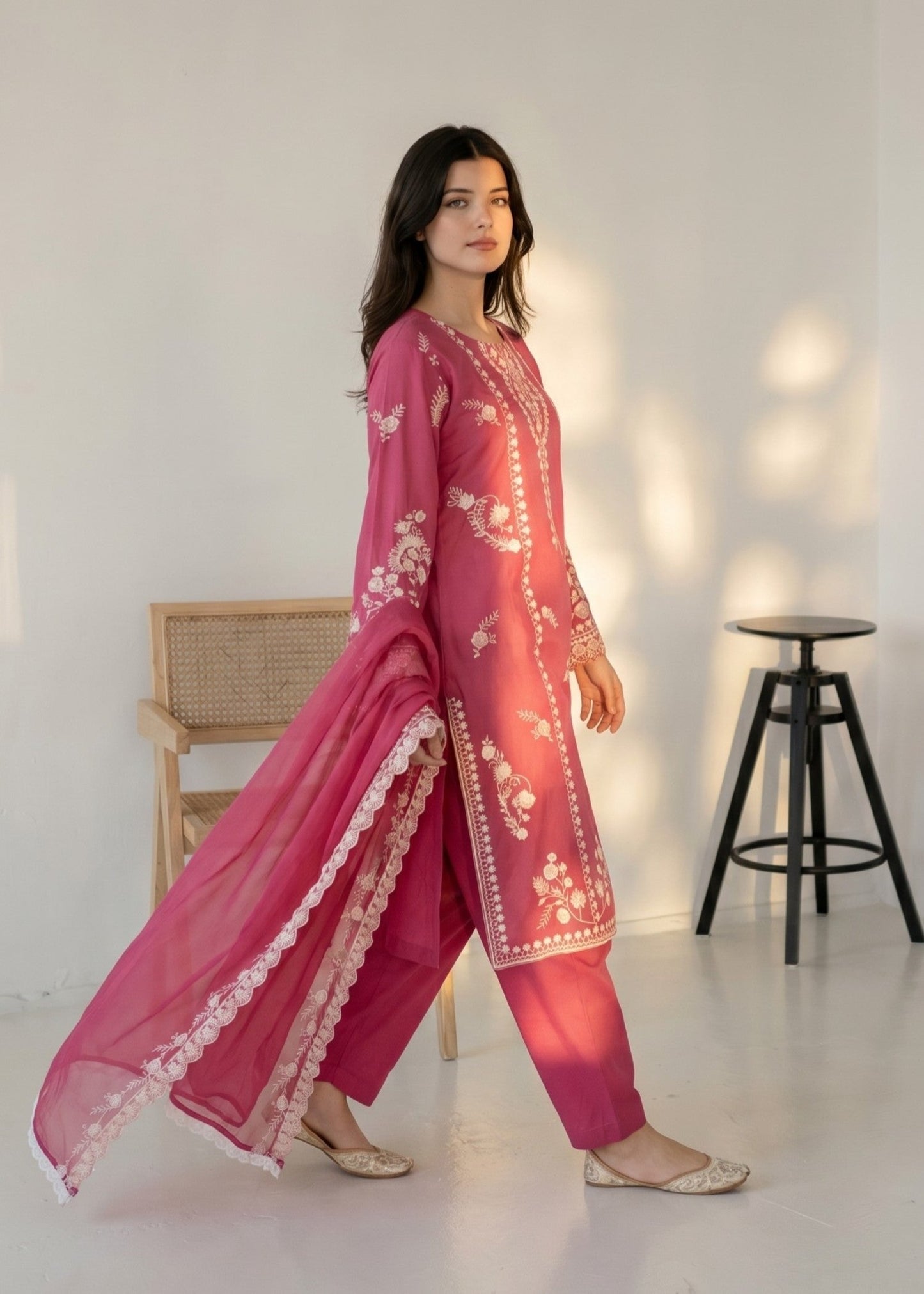 3 Piece Bubblegum Pink Lawn Kurta Set Online in Dubai DXB UAE Abudhabi Meena Bazaar