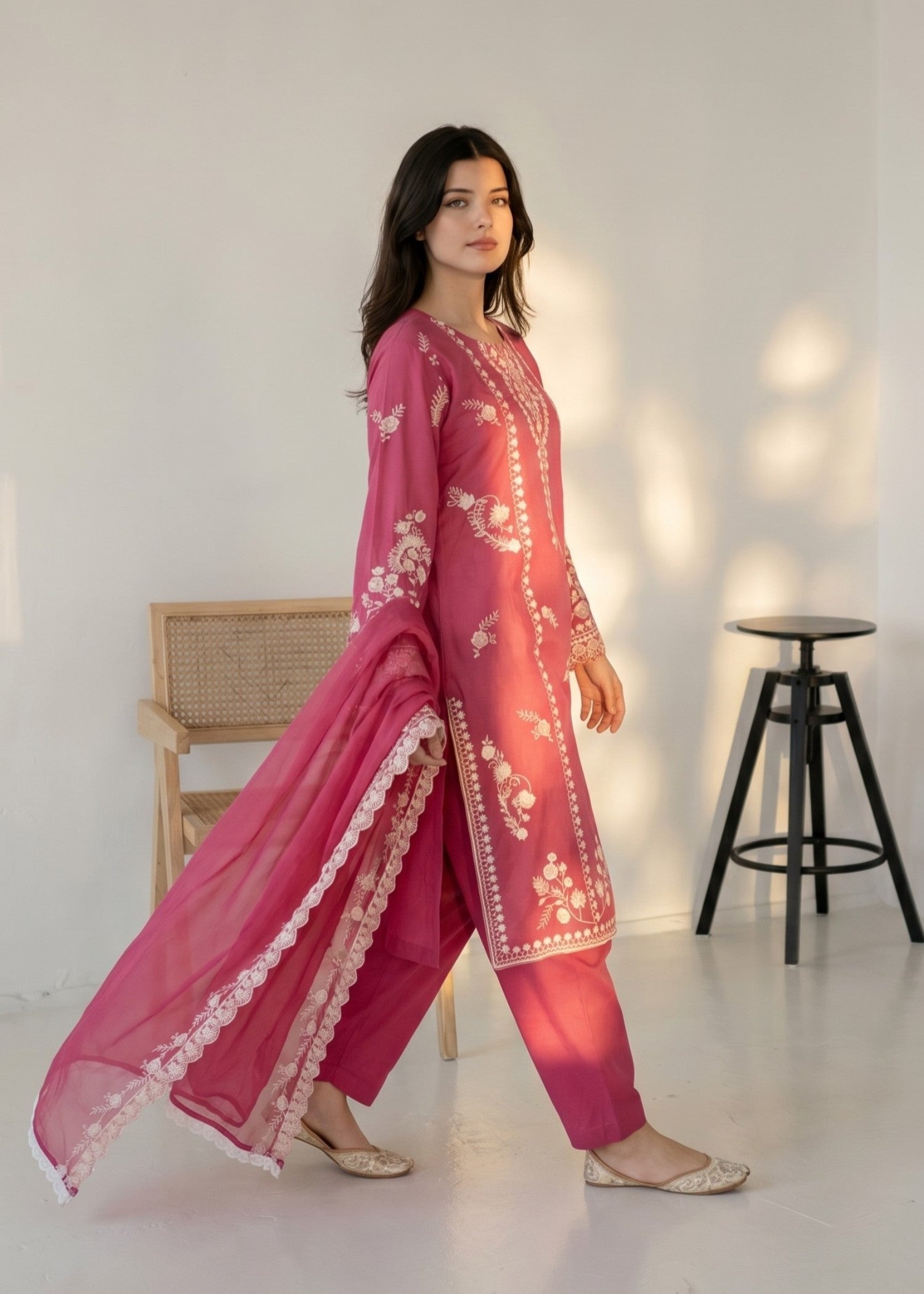 3 Piece Bubblegum Pink Lawn Kurta Set Online in Dubai DXB UAE Abudhabi Meena Bazaar