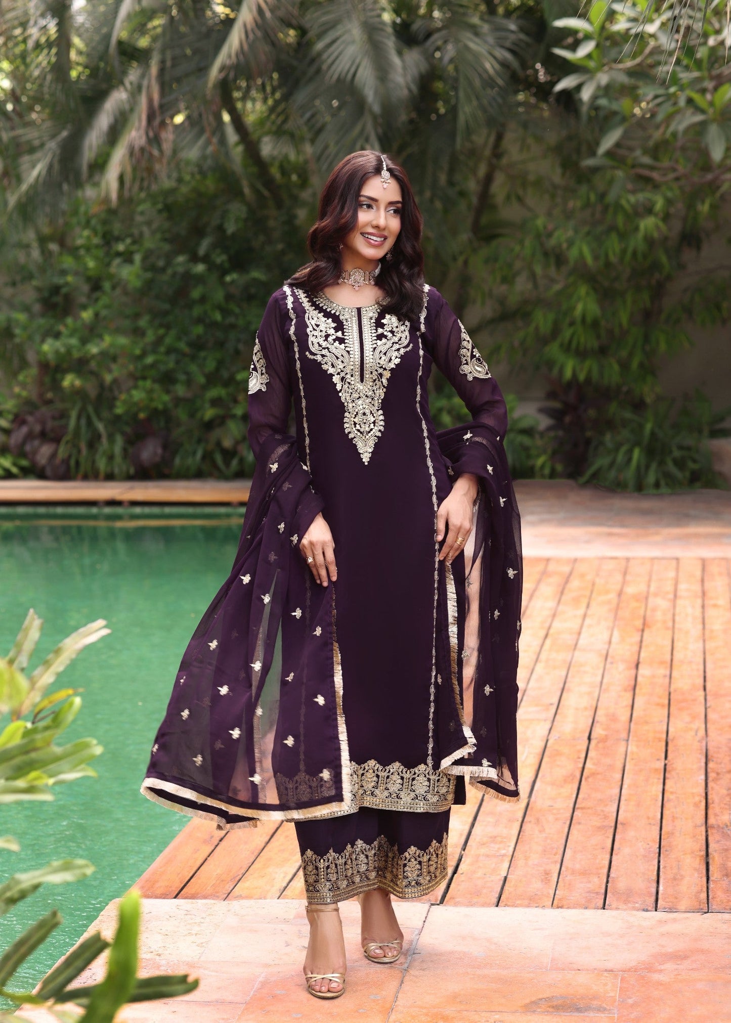 3 Piece Embroidered Chiffon Plazzo Suit Online in Sri Lanka India Australia