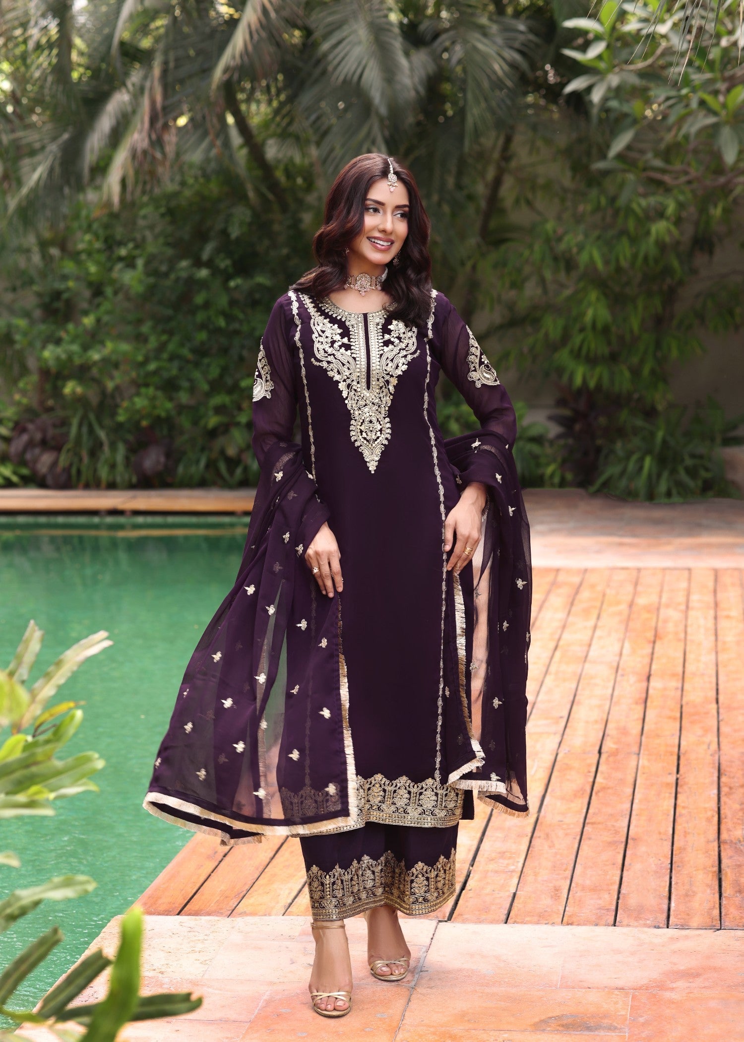 3 Piece Embroidered Chiffon Plazzo Suit Online in Sri Lanka India Australia