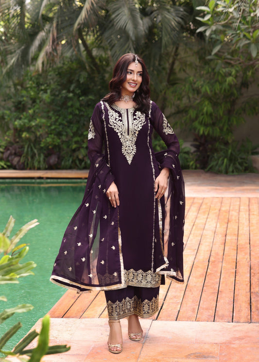 3 Piece Embroidered Chiffon Plazzo Suit Online in Sri Lanka India Australia