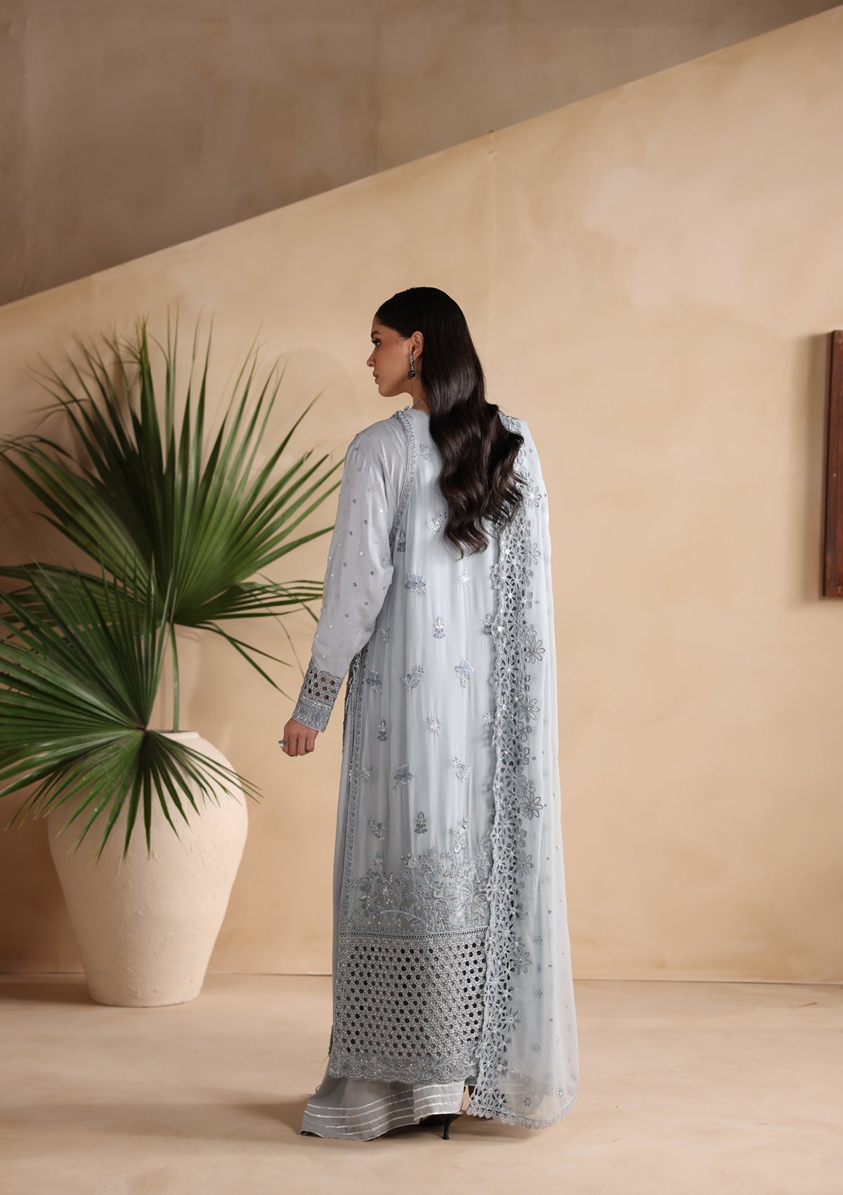 3 Piece Embroidered Chiffon Raw Silk Suit Online in Dubai DXB UAE Abudhabi Meena Bazaar