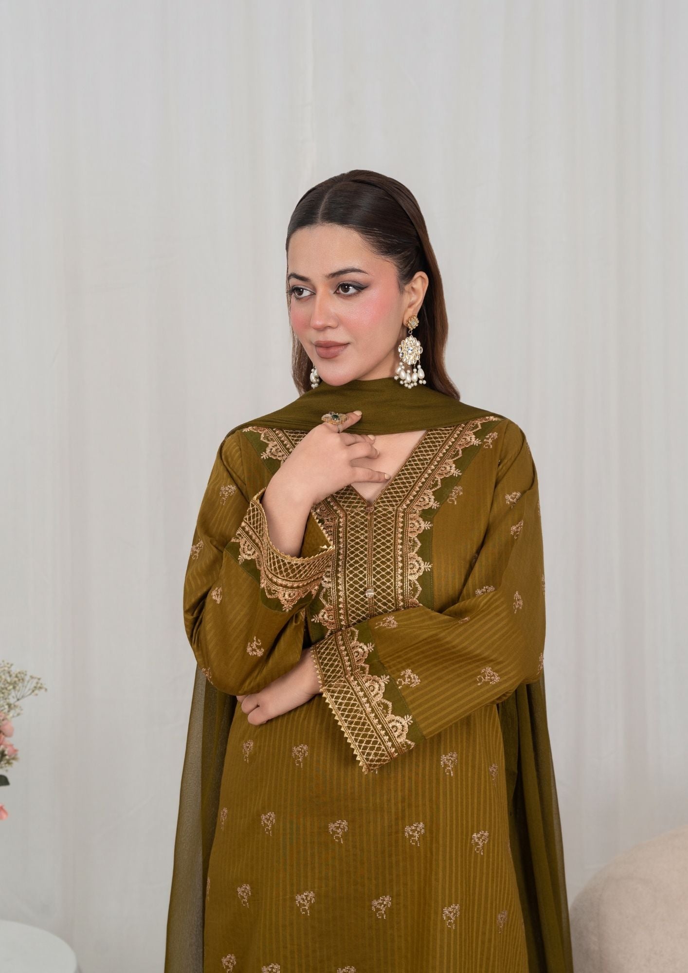 3 Piece Embroidered Lawn Suit Golden Brown Online in Sri Lanka India Australia