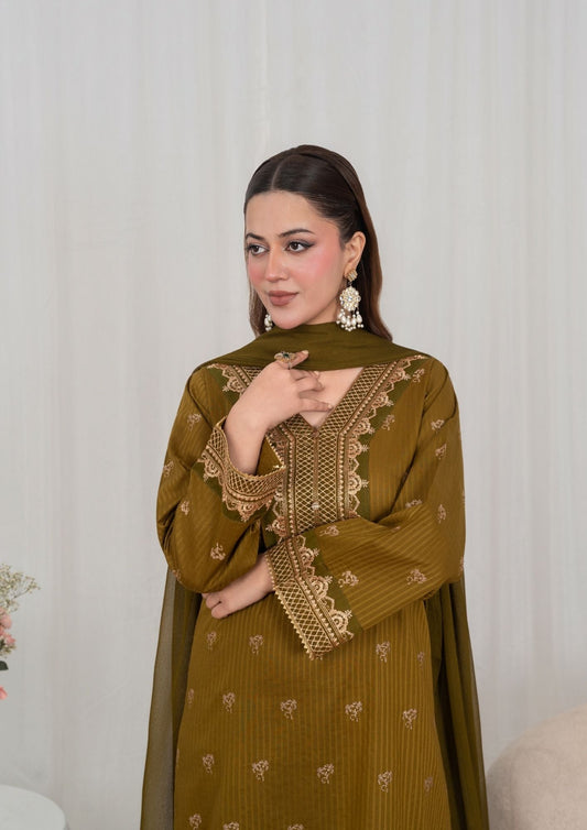 3 Piece Embroidered Lawn Suit Golden Brown Online in Sri Lanka India Australia