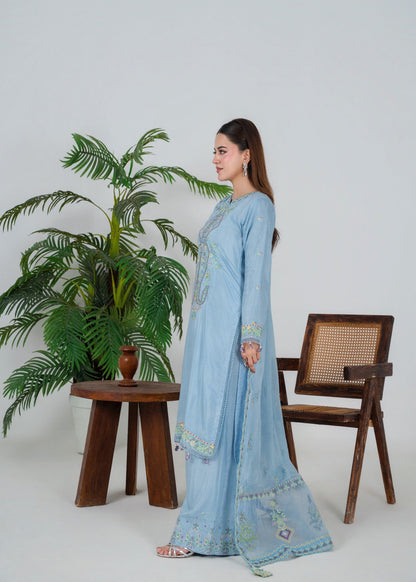 3 Piece Embroidered Silk Suit Powder Blue Online in Sri Lanka India Australia