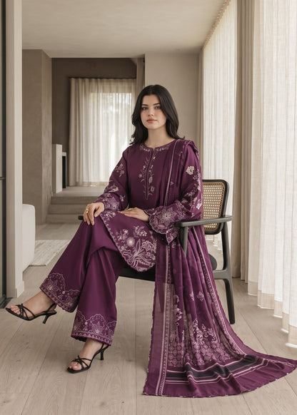 3 Piece Grape Wine Lawn Salwar Kameez with Palazzo Online in KSA Riyadh Saudi Arabia Oman Bahrain Qatar