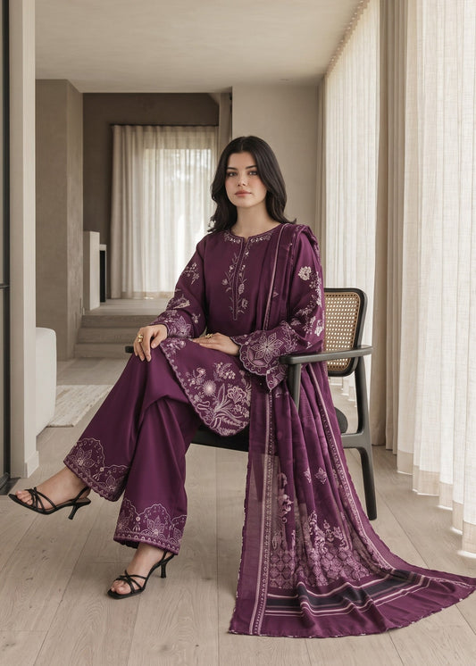 3 Piece Grape Wine Lawn Salwar Kameez with Palazzo Online in KSA Riyadh Saudi Arabia Oman Bahrain Qatar