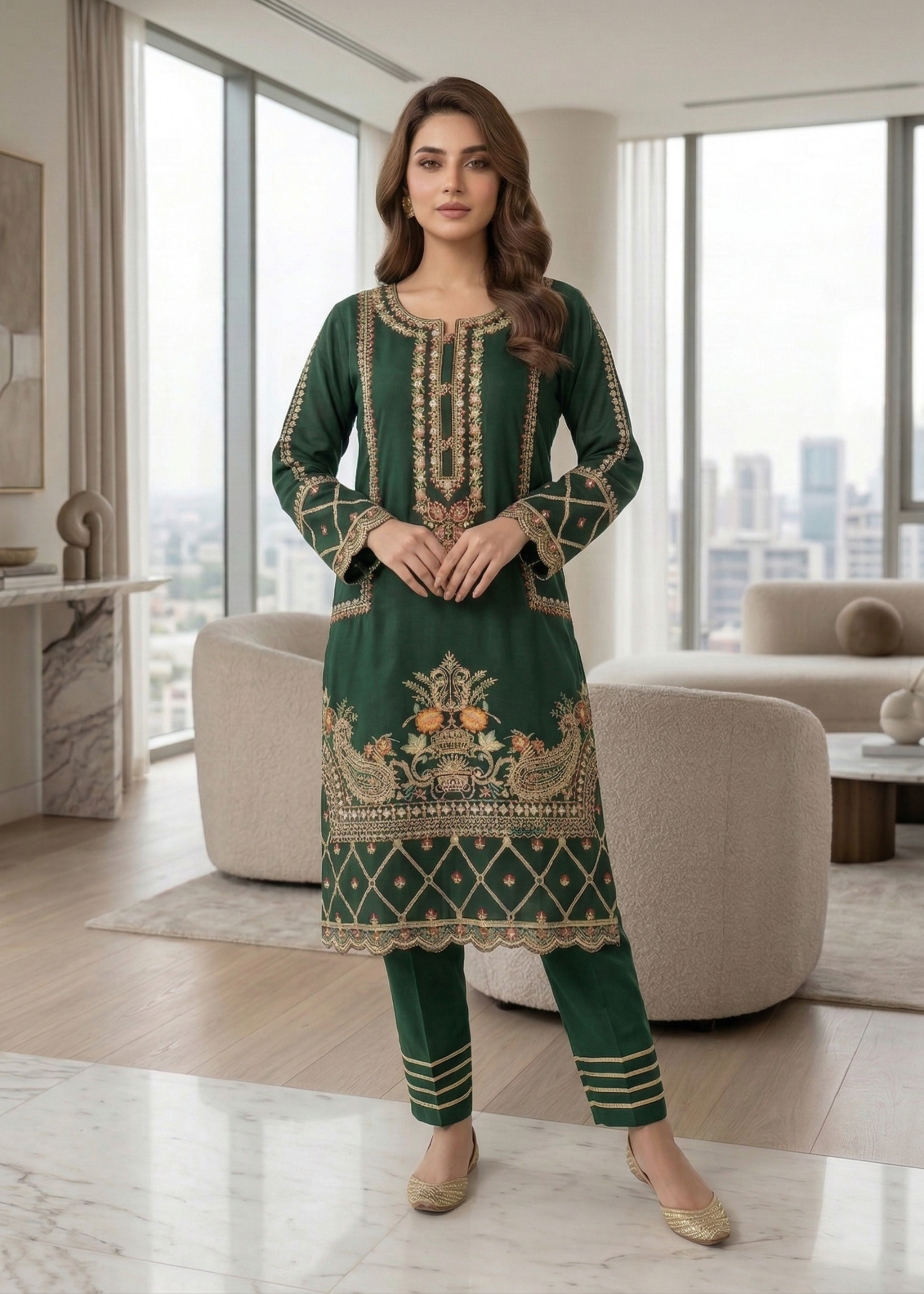 3 Piece Green Organza Party Wear Suit Online in Sri Lanka India Australia