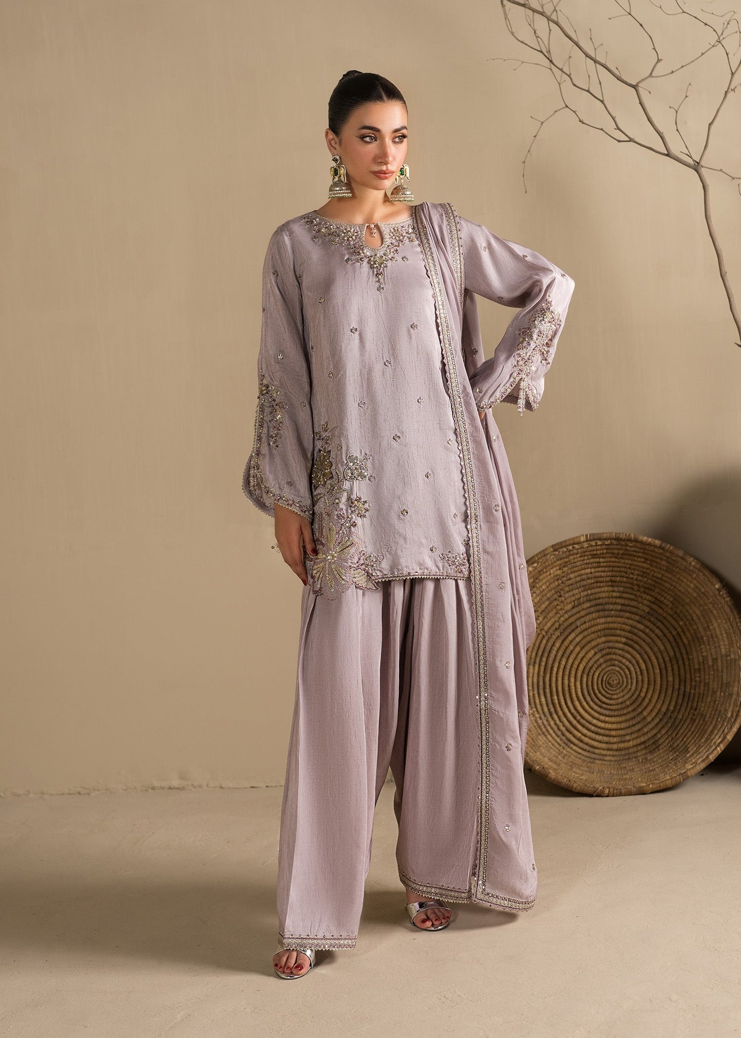 3 Piece Lavender Raw Silk Embroidered Suit Online in Sri Lanka India Australia