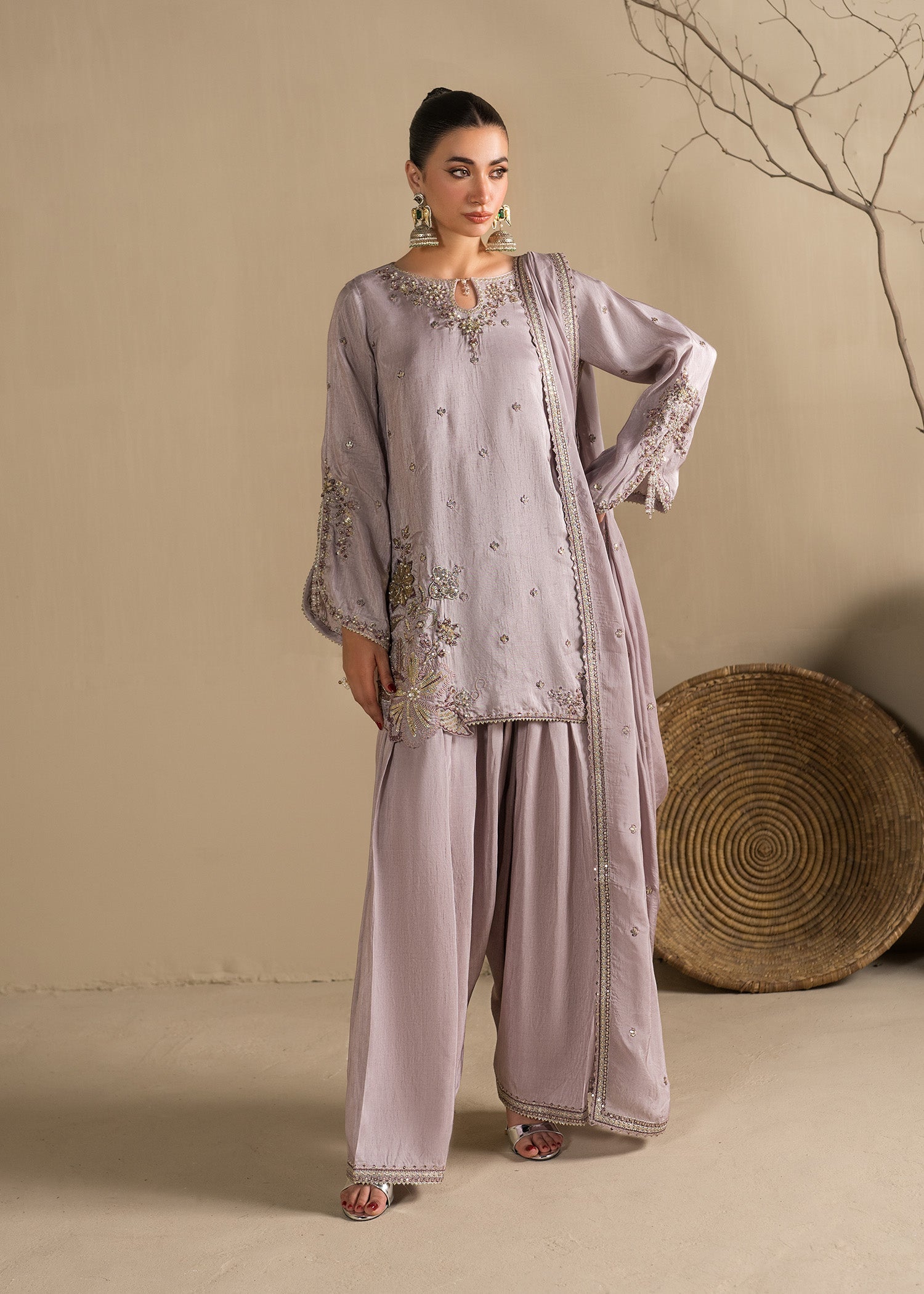 3 Piece Lavender Raw Silk Embroidered Suit Online in Sri Lanka India Australia