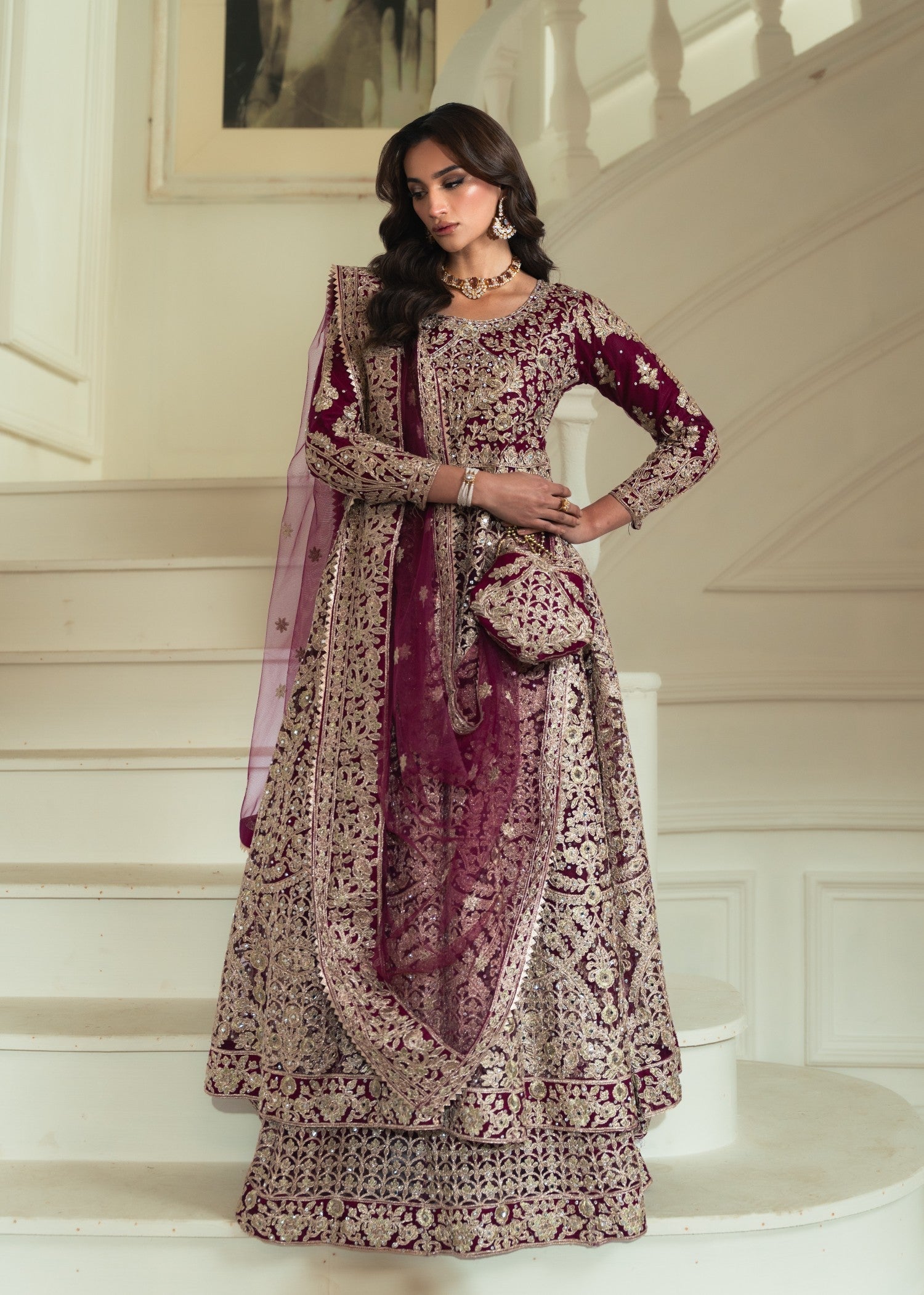 3 Piece Magenta Net Wedding Outfit Online in Sri Lanka India Australia