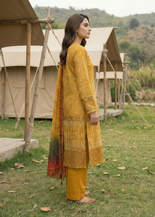 3 Piece Mustard Embroidered Festive Dress Material Online in Dubai DXB UAE Abudhabi Meena Bazaar
