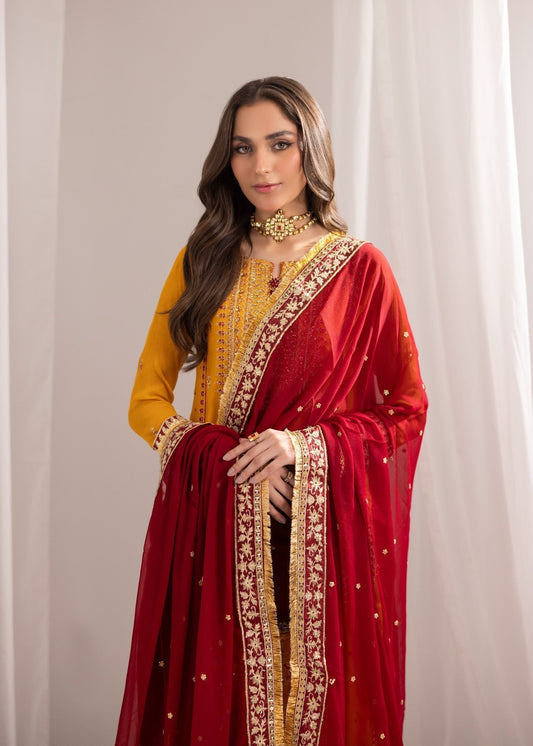 3 Piece Mustard Maroon Embellished Chiffon Partywear Suit Online in Sri Lanka India Australia