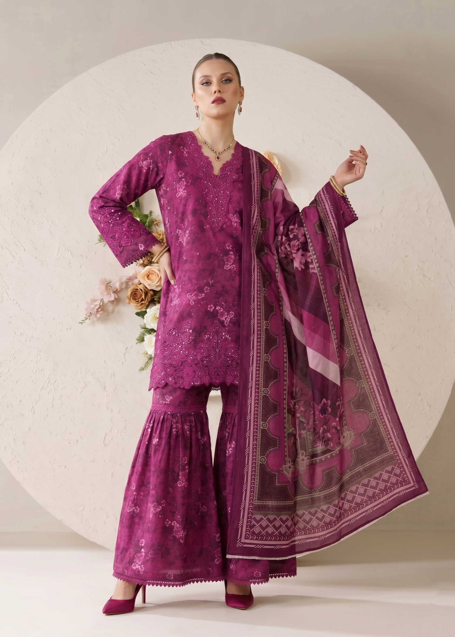 3 Piece Purple Embroidered Lawn Festive Wear Online in Sri Lanka India Australia