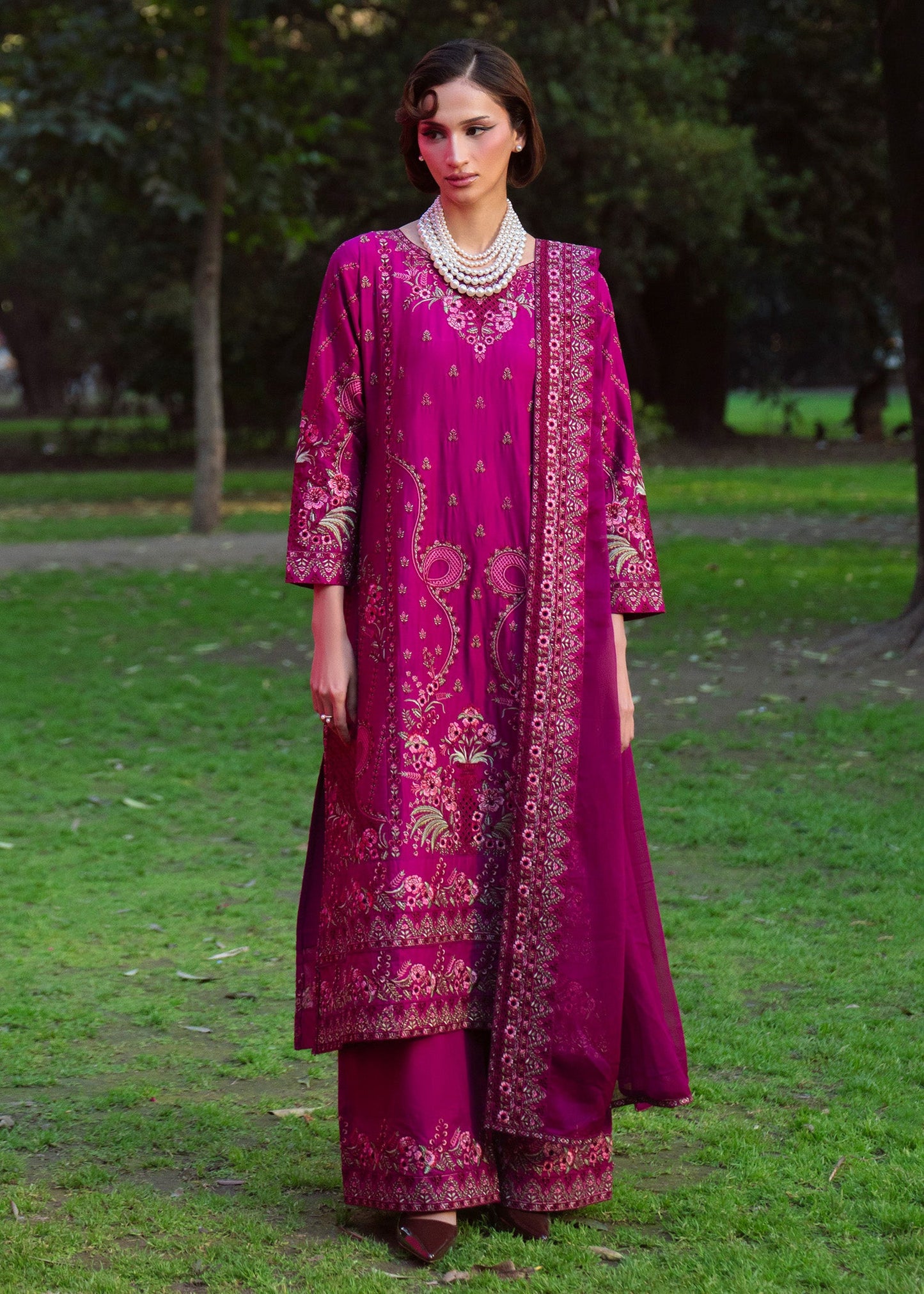 3 Piece Unstitched Shocking Pink Lawn Dress Material Online in Sri Lanka India Australia