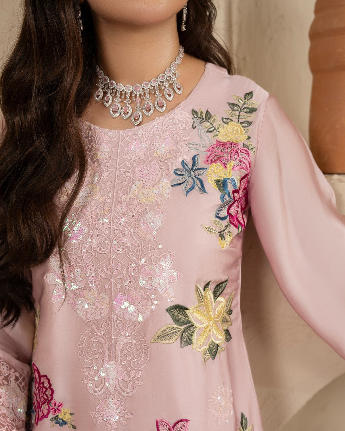 3PC Readymade Dusty Rose Shalwar Kameez with Crinkle Chiffon Dupatta Online in KSA Riyadh Saudi Arabia Oman Bahrain Qatar